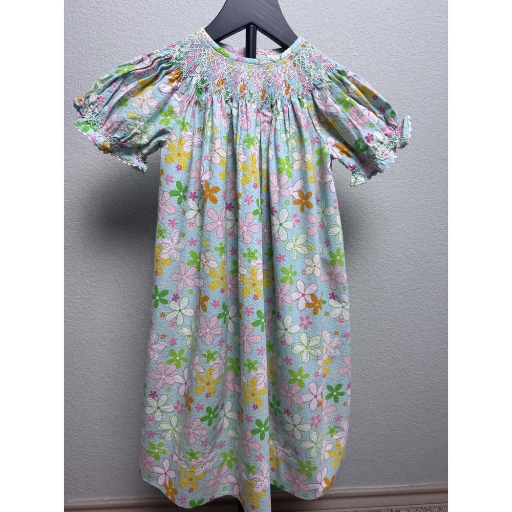 Smocked Auctions Girls 4T Floral Seersucker Smocked Dress Blue Floral Print